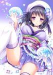  1girl black_hair blush breasts cleavage earrings flower hair_flower hair_ornament hat highres hydrangea japanese_clothes jewelry kimono kimono_skirt knee_up original shitou thigh-highs violet_eyes water_drop white_legwear 