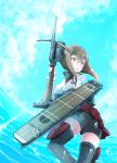  1girl anchor bike_shorts blue_sky bow_(weapon) brown_eyes brown_hair bubble comah crossbow flight_deck headband kantai_collection long_sleeves machinery ocean pleated_skirt red_skirt skirt sky solo taihou_(kantai_collection) thigh-highs weapon zettai_ryouiki 