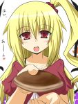  1girl alternate_costume alternate_hair_length alternate_hairstyle blonde_hair blush casual dorayaki feeding flandre_scarlet food gomasamune looking_at_viewer older open_mouth pov red_eyes side_ponytail simple_background solo tagme touhou translation_request wagashi white_background wings 