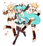  1boy 2girls aqua_eyes aqua_hair arm_warmers black_legwear blonde_hair blue_eyes boots bow brother_and_sister detached_sleeves fang hair_bow hair_ornament hairclip hatsune_miku headset heart heart-shaped_pupils kagamine_len kagamine_rin leg_warmers long_hair midriff multiple_girls necktie one_eye_closed otohime_(kk23maa) sailor_collar short_hair shorts siblings skirt sleeveless star symbol-shaped_pupils thigh-highs thigh_boots twins twintails very_long_hair vocaloid 