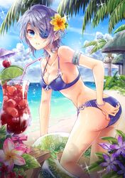  1girl adjusting_clothes adjusting_swimsuit armband bikini blue_eyes bracelet breasts cherry cleavage clouds coconut coconut_tree drink drinking_glass drinking_straw dripping eyepatch flower flower_eyepatch flower_on_head food fruit glass hair_ornament innertube iri_flina jewelry leaning_forward lime_(fruit) looking_at_viewer navel ocean open_mouth palm_tree ribbon short_hair side-tie_bikini silver_hair sky solo swimsuit sword_girls tree water wet zenyu 