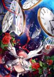  1girl bubble clock closed_eyes flower hands_clasped highres lindy_(pclo) original pink_hair rose short_hair solo tagme white_wings wings 