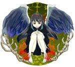  1girl akemi_homura barefoot black_hair dress feathered_wings fixative flower funeral_dress hair_ribbon long_hair mahou_shoujo_madoka_magica mahou_shoujo_madoka_magica_movie ribbon solo spider_lily spine spoilers squatting violet_eyes white_background wings 