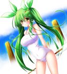  1girl alternate_hairstyle blush breasts frog_hair_ornament gohei green_hair hair_ornament hair_ribbon kochiya_sanae large_breasts long_hair looking_at_viewer one-piece_swimsuit osashin_(osada) ribbon rope school_swimsuit shimenawa snake_hair_ornament solo sweatdrop swimsuit touhou twintails very_long_hair white_swimsuit yellow_eyes 