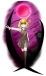  1girl bat blonde_hair blouse clock clock_tower full_moon hair_ribbon moon necktie night outstretched_arm qbthgry red_eyes red_moon ribbon rumia scarlet_devil_mansion short_hair skirt smile touhou tower vest 
