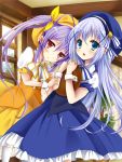  2girls blue_eyes blue_hair blush crossover gochuumon_wa_usagi_desuka? hair_ornament hair_ribbon hairclip hat kafuu_chino long_hair miyauchi_renge multiple_girls non_non_biyori open_mouth purple_hair red_eyes ribbon twintails 