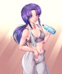  1girl abs bottle happinesscharge_precure! harihisa hikawa_iona long_hair navel precure purple_hair small_breasts solo sports_bra sweat sweating violet_eyes water_bottle wet 