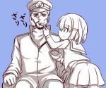  1boy 1girl a9b_(louis814) admiral_(kantai_collection) beard facial_hair hair_ornament hairclip hat ikazuchi_(kantai_collection) kantai_collection military military_hat military_uniform peaked_cap school_uniform serafuku shaving shaving_cream short_hair simple_background sitting skirt uniform 