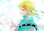  1boy blonde_hair bubble caesar_anthonio_zeppeli facial_mark feathers fingerless_gloves gloves green_jacket hair_feathers headband jacket jojo_no_kimyou_na_bouken muyukikiyoshi11521 solo 