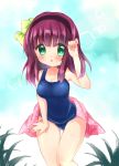 1girl angel_beats! green_eyes hairband haruichigo purple_hair school_swimsuit short_hair solo swimsuit yuri_(angel_beats!) 