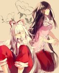  2girls black_hair bow flower fujiwara_no_mokou hair_bow houraisan_kaguya long_hair multiple_girls pants rina silver_hair smile touhou very_long_hair 