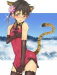  androgynous animal_ears blush china_dress chinese_clothes dress dress_tug embarrassed flower highres rand_(artist) tail thigh-highs tiger_ears tiger_tail 