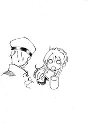  1boy 1girl admiral_(kantai_collection) ashigara_(kantai_collection) comic glass gloves hair_ornament hairband hat holding ichiei kantai_collection long_hair monochrome naval_uniform o_o open_mouth peaked_cap sketch surprised tagme 