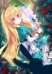  1girl :/ blonde_hair blurry bow depth_of_field dutch_angle flower frilled_skirt frills hair_ornament hairband long_hair looking_at_viewer looking_back nyori original rabbit rose silhouette skirt tagme violet_eyes wrist_cuffs 