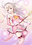  1girl elbow_gloves fate/kaleid_liner_prisma_illya fate_(series) feathers gloves hair_feathers illyasviel_von_einzbern kaleidostick long_hair magical_girl prisma_illya red_eyes solo tailam thighhighs wand white_hair 