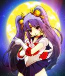  1girl \m/ bishoujo_senshi_sailor_moon blue_skirt choker circlet crescent_moon elbow_gloves full_moon gloves hair_ornament highres jewelry long_hair magical_girl moon night night_sky outdoors pikomarie pointing pointing_at_viewer purple_hair puzzle_&amp;_dragons red_eyes sailor_collar sailor_moon sailor_moon_(cosplay) sailor_senshi skirt sky solo star_(sky) starry_sky tsuki_ni_kawatte_oshioki_yo twintails white_gloves yomi_(p&amp;d) 