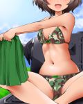  1girl akiyama_yukari blush bow bow_bra bow_panties bra breasts brown_hair camouflage cleavage dr_rex girls_und_panzer head_out_of_frame looking_at_viewer military military_vehicle navel open_mouth panties short_hair sitting skirt small_breasts smile solo tank underwear vehicle 
