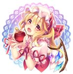  1girl apple blonde_hair bow dress fang flandre_scarlet food fruit hat hat_bow looking_at_viewer masaru.jp mob_cap open_mouth pink_eyes puffy_short_sleeves puffy_sleeves red_dress shirt short_sleeves side_ponytail solo sparkle touhou wings wrist_cuffs 