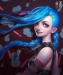  1girl bare_shoulders biting blue_hair braid bullet jewelry jinx_(league_of_legends) league_of_legends lip_biting long_hair necklace paul_kwon pink_eyes smile twin_braids 