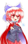  1girl anger_vein angry blush bow cape commentary crossed_arms disembodied_head draw-till-death hair_bow highres long_sleeves looking_at_viewer open_mouth red_eyes redhead sekibanki short_hair simple_background solo spoken_squiggle squiggle touhou white_background 
