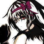  1girl akemi_homura akuma_homura bare_shoulders black_gloves black_hair bow choker from_behind gloves hair_bow long_hair looking_at_viewer looking_back mahou_shoujo_madoka_magica mahou_shoujo_madoka_magica_movie simple_background solo spoilers violet_eyes white_background yakan_(2281101) 