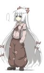  ... 1girl ascot baggy_pants bow commentary_request fujiwara_no_mokou hair_bow hands_in_pockets highres long_hair looking_at_viewer low-tied_long_hair ofuda red_eyes shoes suspenders touhou very_long_hair volkies white_background white_hair 