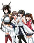  1boy 4girls :d azumanga_daioh black_eyes black_hair black_legwear bow breasts brown_hair chestnut_mouth detached_sleeves glasses gloves hat headgear height_difference hiei_(kantai_collection) highres japanese_clothes kantai_collection kariginu kirishima_(kantai_collection) long_hair multiple_girls nagato_(kantai_collection) naval_uniform navel nontraditional_miko open_mouth parody peaked_cap pleated_skirt reaching red_eyes rimless_glasses ryuujou_(kantai_collection) short_hair shota_admiral_(kantai_collection) simple_background skirt smile tagme thigh-highs twintails visor_cap walking white_background white_gloves yamato_nadeshiko zettai_ryouiki 