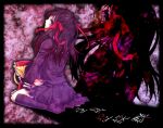  1girl animal_ears bangs bent_knees black_border black_hair blush border bow copyright_name crossover drooling frame hair_bow himeno_mikoto kaii_syndrome long_hair looking_at_viewer looking_back monosakura open_mouth payot red_bow school_uniform serafuku shadow sitting skirt socks tail text touhou violet_eyes wariza yukkuri_shiteitte_ne zoom_layer 