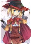  1girl blonde_hair blue_eyes blush bowtie breasts cleavage detached_collar dress fingerless_gloves gloves hand_on_headwear hat jacket long_hair looking_at_viewer original red_dress short_dress smile solo standing umasanjin witch_hat 