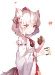  1girl animal_ears autumn cup detached_sleeves eating hat hillly_(maiwetea) inubashiri_momiji long_sleeves looking_at_viewer red_eyes ribbon shirt silver_hair simple_background skirt solo tail teacup tokin_hat touhou white_background wide_sleeves wolf_ears wolf_tail 