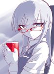  1girl bespectacled blew_andwhite blue_eyes blue_hair cup expressionless glasses gloves hatsukaze_(kantai_collection) holding kantai_collection long_hair looking_at_viewer school_uniform solo spot_color sunlight teacup two-tone_background white_gloves 