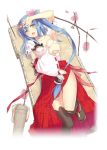  1girl arrow blue_hair bow_(weapon) covering covering_breasts detached_sleeves fish green_eyes hair_ornament japanese_clothes long_hair lying official_art open_mouth personification petals quiver shirohime_quest skirt solo tagme torn_clothes transparent_background weapon yamatokouriyama_(shirohime_quest) 