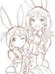  2girls animal_ears braid character_request dani-ikapi idolmaster idolmaster_million_live! monochrome multiple_girls one_eye_closed open_mouth simple_background sketch smile white_background 