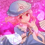  1girl \n/ fan folding_fan ghost hat ichiemu_(picric) petals pink_eyes pink_hair saigyouji_yuyuko touhou triangular_headpiece 