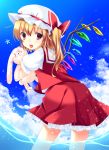  1girl ajiriko bent_over blonde_hair blue_sky bow clouds flandre_scarlet hat hat_bow highres looking_at_viewer looking_back mob_cap open_mouth red_eyes shirt side_ponytail skirt skirt_set sky smile solo stuffed_animal stuffed_bunny stuffed_toy touhou vest water wings 