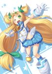  1girl bell blazblue blonde_hair blush boots gloves green_eyes gurasion_(gurasion) hairband long_hair one_eye_closed open_mouth platinum_the_trinity smile solo star twintails wink 