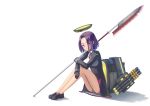  1girl black_gloves dress glaive gloves hand_on_own_arm kantai_collection knees_together_feet_together knees_up long_sleeves looking_at_viewer mechanical_halo panties pantyshot purple_hair short_hair sitting solo tatsuta_(kantai_collection) underwear violet_eyes white_background 
