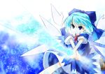  1girl aruha-san blue_eyes blue_hair bow cirno dress fighting_stance focused hair_bow ice ice_wings loafers shoes short_hair solo sword touhou weapon wings 