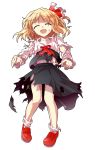  :d ^_^ alphes_(style) bare_legs beaten blonde_hair blouse closed_eyes dairi fang frilled_sleeves frills hair_ribbon long_sleeves open_mouth parody red_shoes ribbon rumia shoes short_hair skirt smile style_parody sweat torn_clothes touhou transparent_background vest 
