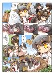  4girls ahoge akagi_(kantai_collection) bird black_hair blue_eyes brown_hair chibi comic detached_sleeves eating egg food haruna_(kantai_collection) hisahiko japanese_clothes kantai_collection kongou_(kantai_collection) multiple_girls nagato_(kantai_collection) nontraditional_miko onigiri red_eyes star star-shaped_pupils symbol-shaped_pupils yellow_eyes 