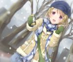  1girl :d bare_tree blonde_hair blush can canned_coffee coat dutch_angle fur_trim hat highres hinausa holding holding_can koizumi_hanayo looking_at_viewer love_live!_school_idol_project mittens open_mouth outdoors scarf short_hair smile snowing solo tree violet_eyes 