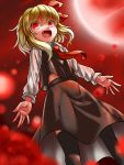  1girl :d blonde_hair blouse fang hair_ribbon looking_at_viewer open_mouth qbthgry red red_background red_eyes ribbon rumia skirt smile thigh-highs touhou vest 