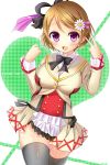  1girl :d blush bowtie breasts brown_hair earrings flower hair_flower hair_ornament hair_ribbon heart heart_background highres jewelry koizumi_hanayo looking_at_viewer love_live!_school_idol_project open_mouth ribbon smile thighhighs uniform v violet_eyes yomogi_(becr) zettai_ryouiki 