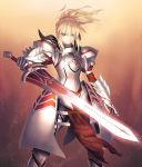 1girl armor blonde_hair breastplate clarent fate/apocrypha fate/stay_night fate_(series) gauntlets pauldrons ponytail saber_of_red scrunchie smile solo sword tsukikanade weapon 