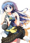 1girl blue_eyes blue_hair bow casual character_request chestnut_mouth frilled_skirt frills headphones highres holding long_hair manga_time_kirara microphone nagumo_(nagumon) postcard simple_background skirt solo tagme white_background 