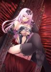 :p bare_shoulders breasts cait chair crossed_legs garter_straps hair_ornament highres large_breasts long_hair original pink_hair red_eyes sitting smile tongue tongue_out 