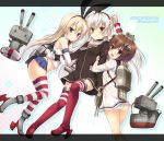  3girls amatsukaze_(kantai_collection) ani_(artist) black_panties blonde_hair blush brown_eyes brown_hair elbow_gloves garter_straps gloves green_eyes hair_ornament hairband highleg highleg_panties kantai_collection long_hair looking_at_viewer multiple_girls navel open_mouth panties red_legwear rensouhou-kun sailor_dress school_uniform serafuku shimakaze_(kantai_collection) short_hair silver_hair skirt smile striped striped_legwear thigh-highs twintails underwear white_gloves white_panties yukikaze_(kantai_collection) 