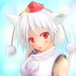  1girl animal_ears bare_shoulders blush breasts firolat hat inubashiri_momiji looking_at_viewer open_mouth pom_pom_(clothes) red_eyes short_hair silver_hair solo tail tokin_hat touhou wolf_ears wolf_tail 