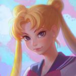  1girl bishoujo_senshi_sailor_moon blonde_hair blue_eyes bust double_bun earrings face ilya_kuvshinov jewelry lips long_hair looking_at_viewer sailor_moon school_uniform serafuku smile solo tsukino_usagi twintails 