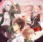  1girl 3boys ahoge apfl0515 back-to-back blonde_hair blue_eyes brown_hair dangan_ronpa enoshima_junko green_eyes hinata_hajime hoodie komaeda_nagito multiple_boys naegi_makoto necktie open_mouth smile spoilers super_dangan_ronpa_2 twintails white_hair yellow_eyes 